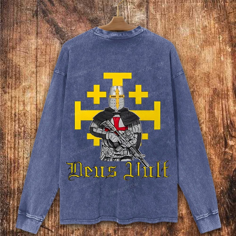Deus Vult Crusader Bold Graphic Christian Washed Sweatshirt