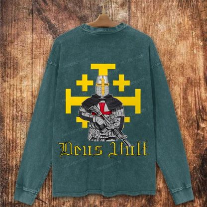 Deus Vult Crusader Bold Graphic Christian Washed Sweatshirt