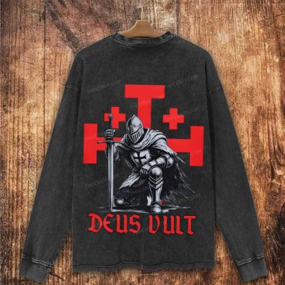 Templar Knight Crusader Deus Vult Christian Washed Sweatshirt