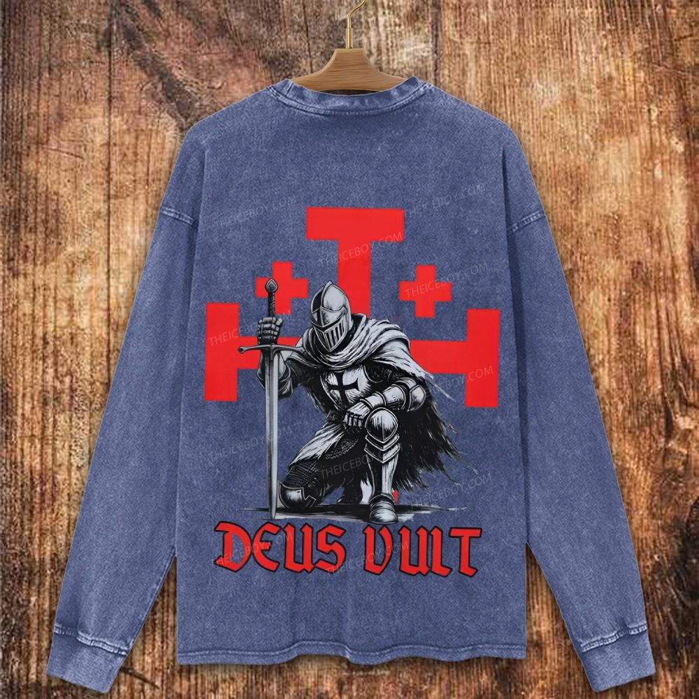 Templar Knight Crusader Deus Vult Christian Washed Sweatshirt
