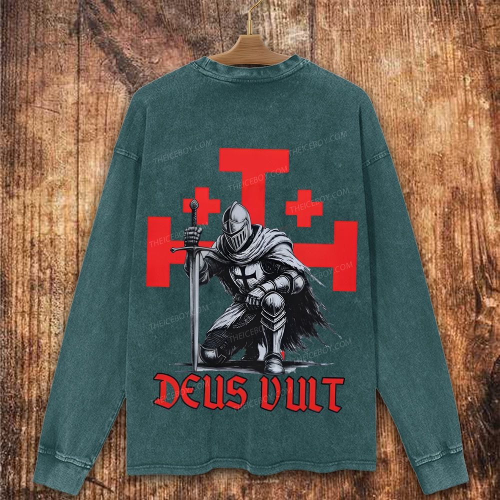 Templar Knight Crusader Deus Vult Christian Washed Sweatshirt