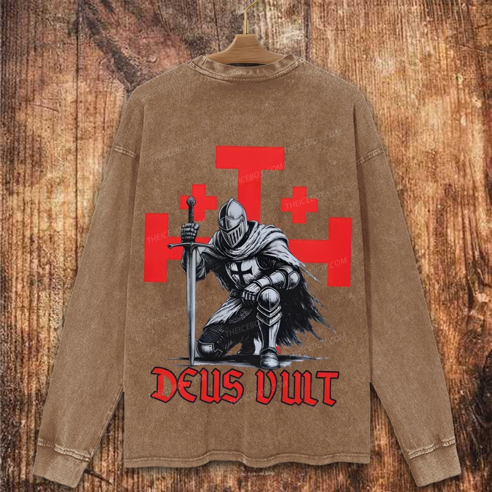 Templar Knight Crusader Deus Vult Christian Washed Sweatshirt