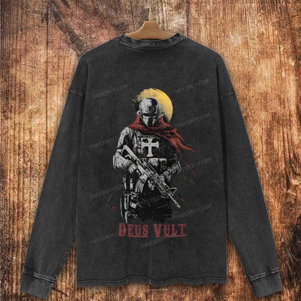 Deus Vult Crusader Bold Graphic Christian Washed Sweatshirt