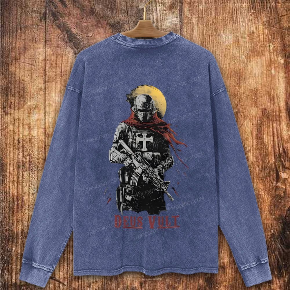 Deus Vult Crusader Bold Graphic Christian Washed Sweatshirt