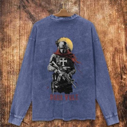 Deus Vult Crusader Bold Graphic Christian Washed Sweatshirt