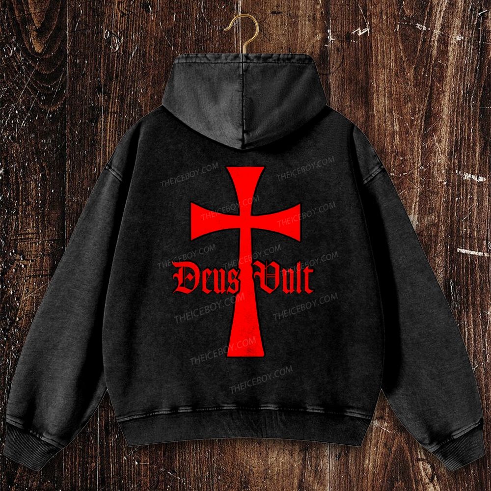 Deus Vult Knights Templar Cross Christian Washed Hoodie