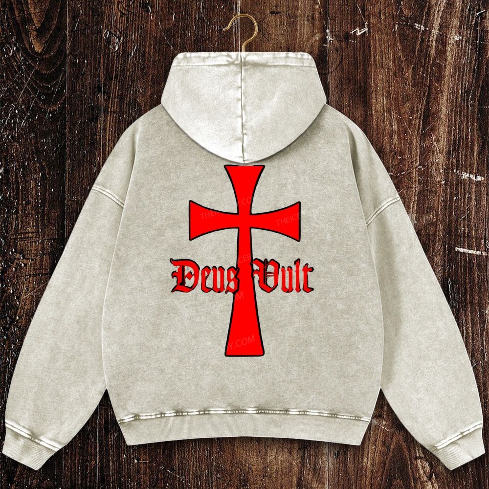 Deus Vult Knights Templar Cross Christian Washed Hoodie