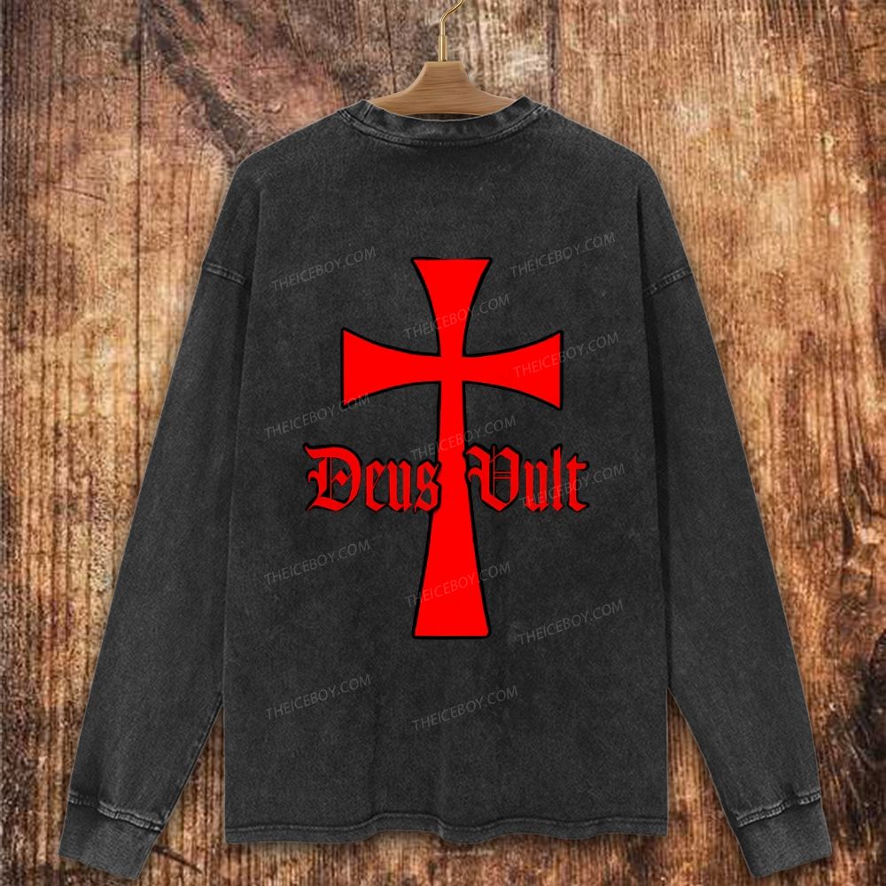 Deus Vult Knights Templar Cross Christian Washed Sweatshirt