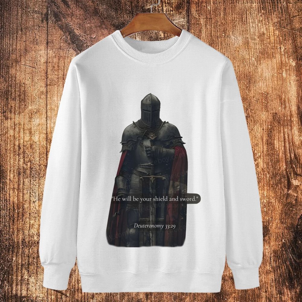 'He will be your shield and sword." Deuteronomy 33:29 Cotton Crewneck Sweatshirt