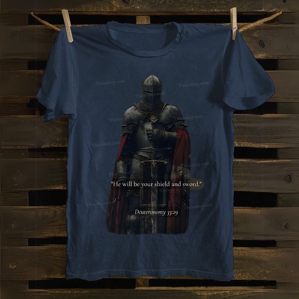 'He will be your shield and sword." Deuteronomy 33:29 Cotton T-shirt