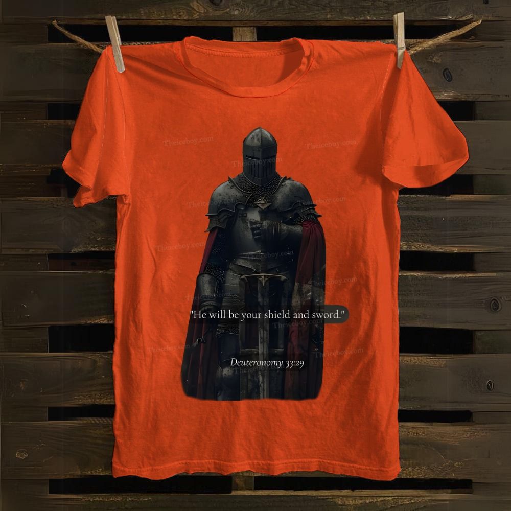'He will be your shield and sword." Deuteronomy 33:29 Cotton T-shirt