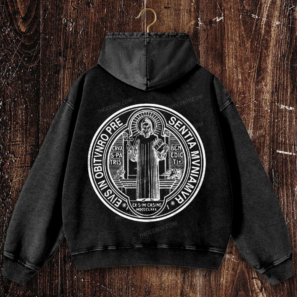 Saint Benedict Medal Logo Christian Washed Hoodie