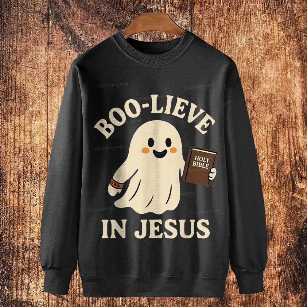 Boo-Lieve In Jesus Cotton Crewneck Sweatshirt