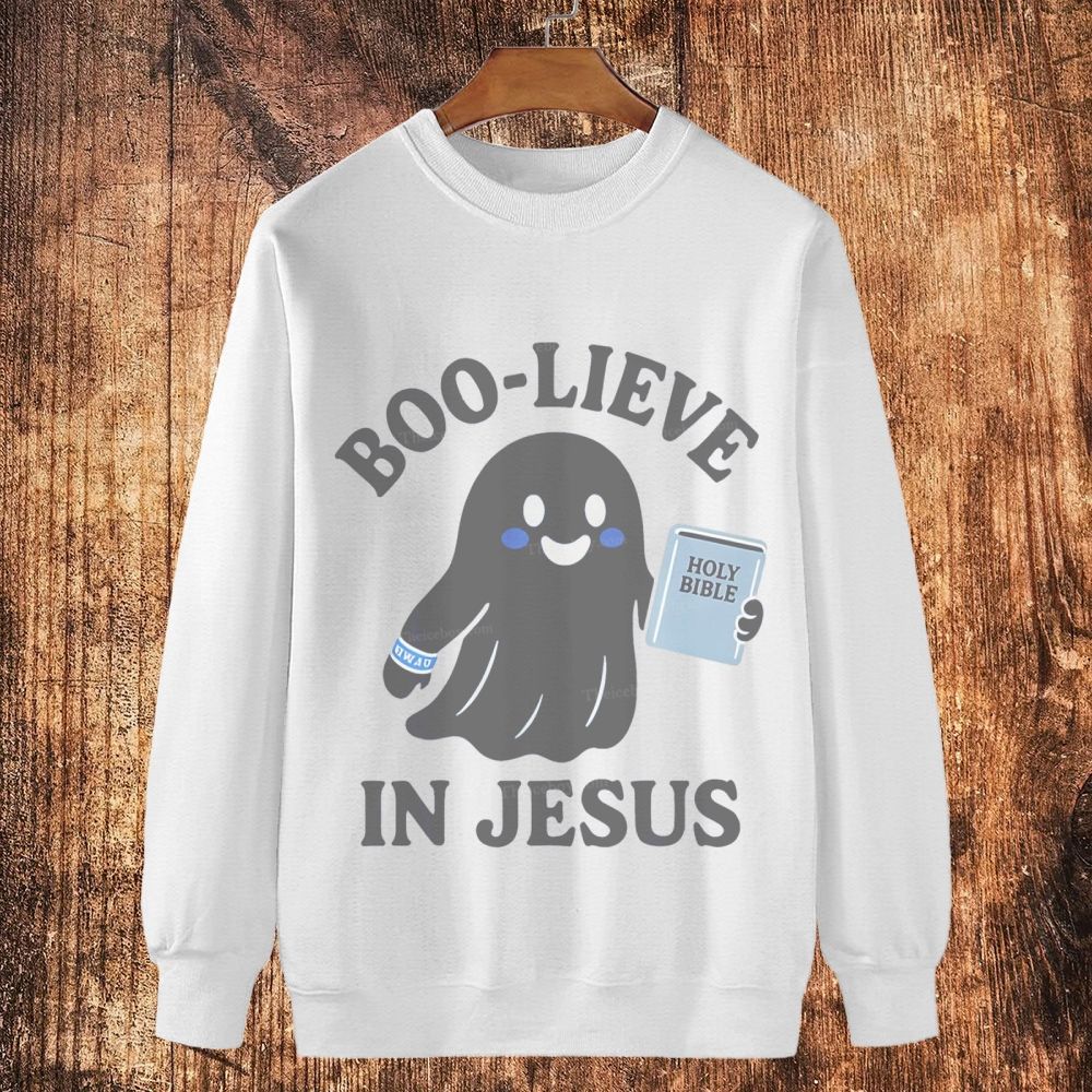 Boo-Lieve In Jesus Cotton Crewneck Sweatshirt