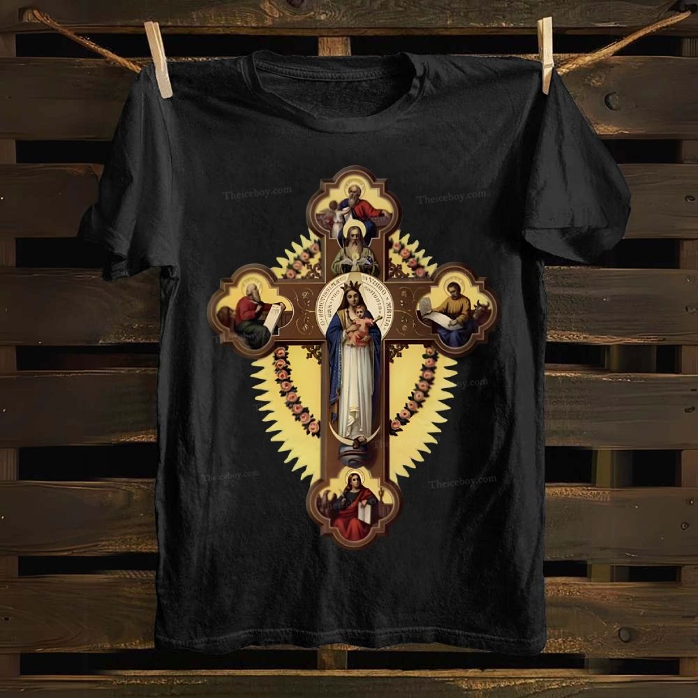 Orthodox Icon The Virgin Mary and the Apostles on the Cross Cotton T-shirt