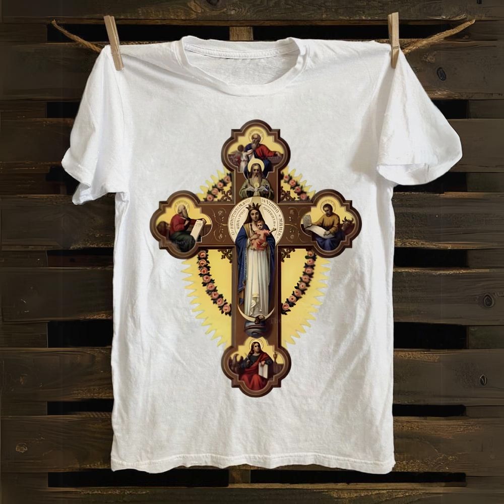 Orthodox Icon The Virgin Mary and the Apostles on the Cross Cotton T-shirt