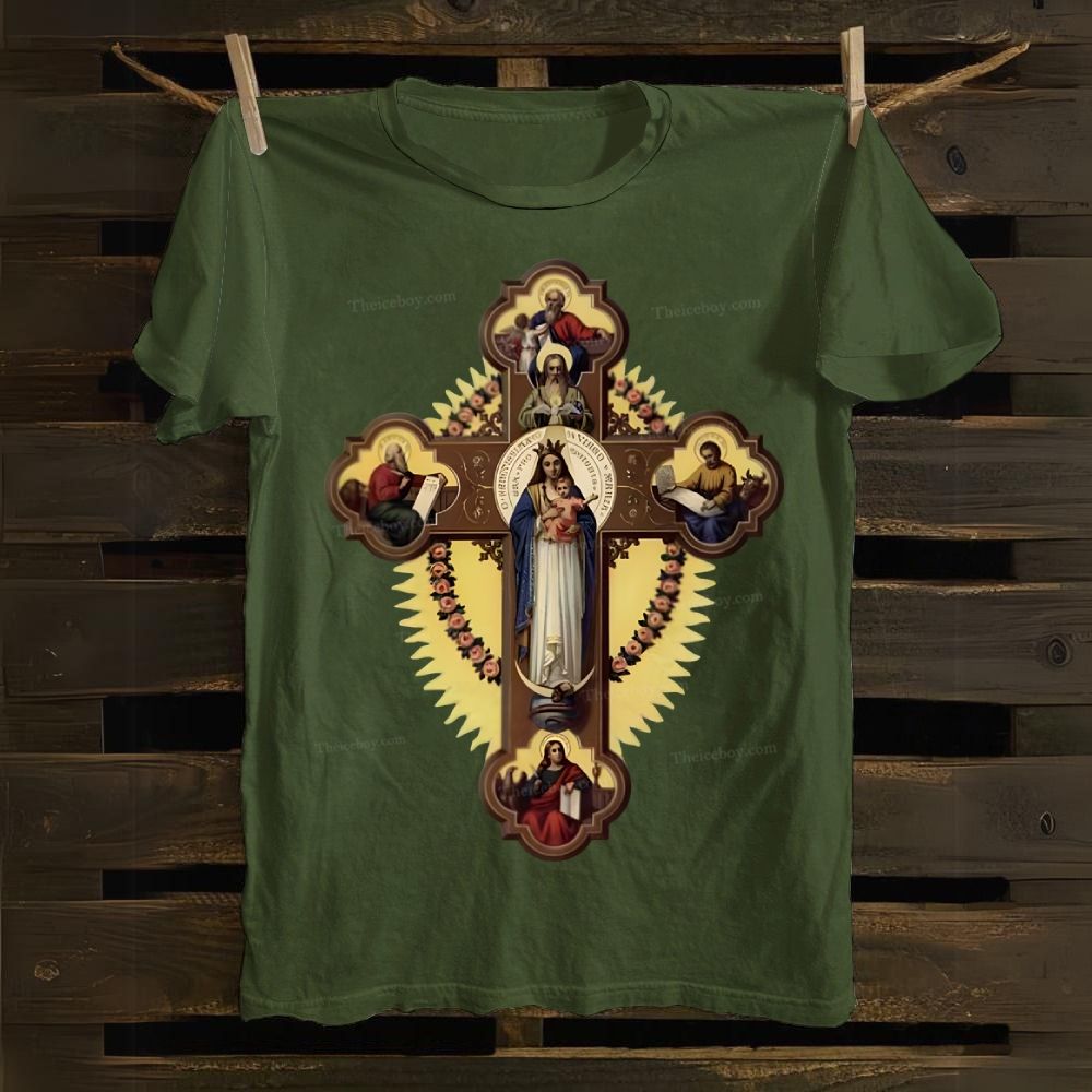Orthodox Icon The Virgin Mary and the Apostles on the Cross Cotton T-shirt