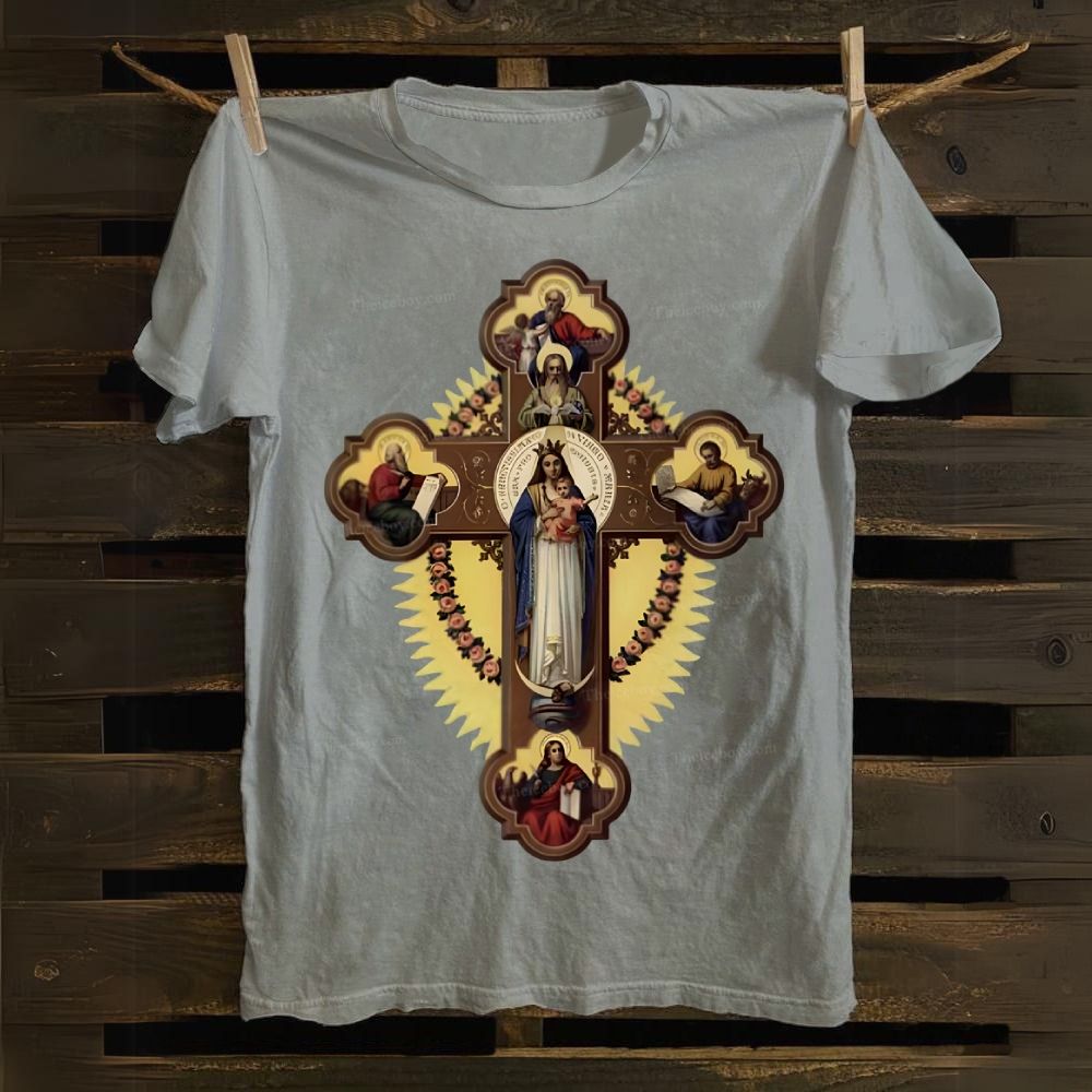 Orthodox Icon The Virgin Mary and the Apostles on the Cross Cotton T-shirt
