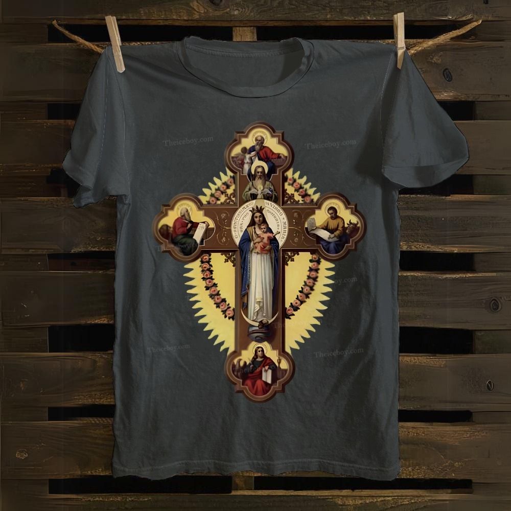 Orthodox Icon The Virgin Mary and the Apostles on the Cross Cotton T-shirt