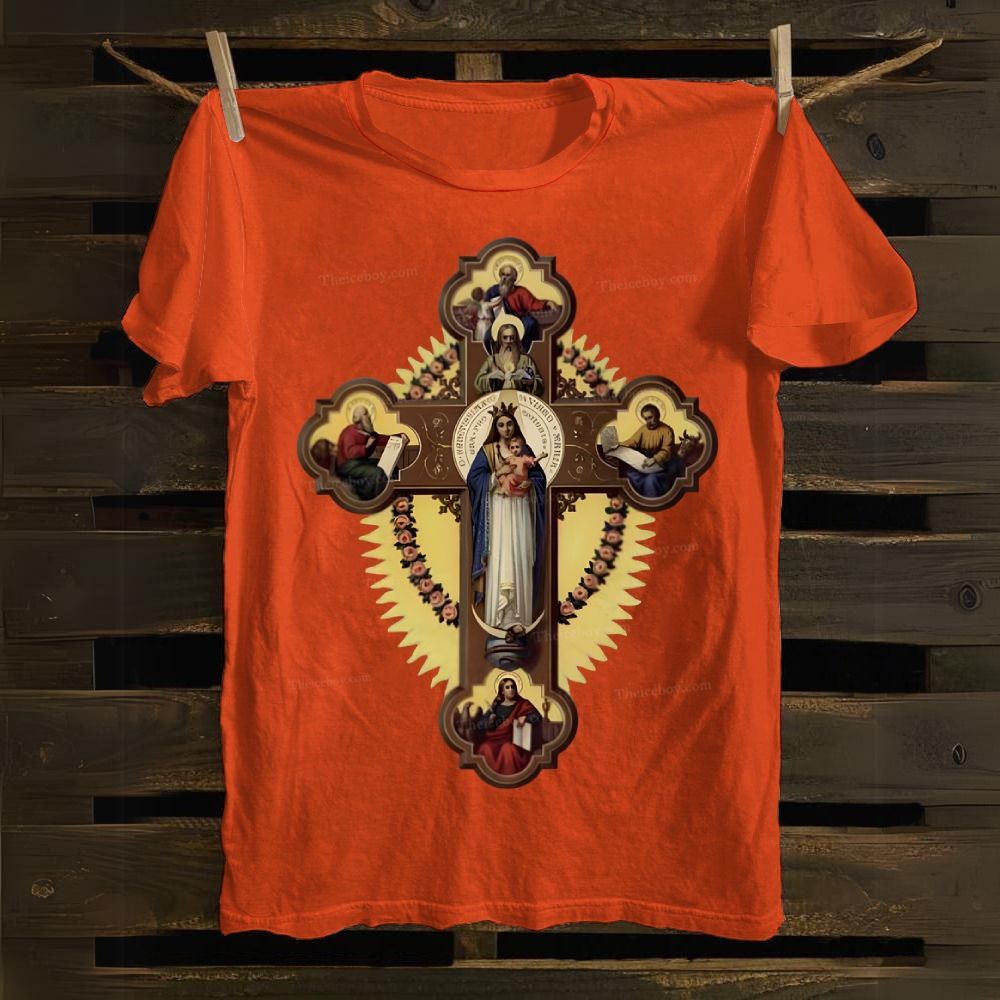 Orthodox Icon The Virgin Mary and the Apostles on the Cross Cotton T-shirt