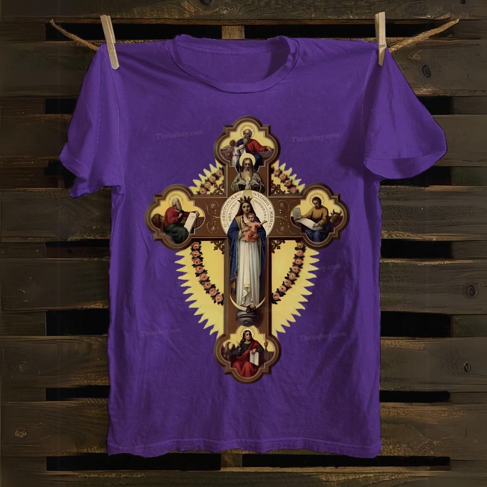 Orthodox Icon The Virgin Mary and the Apostles on the Cross Cotton T-shirt