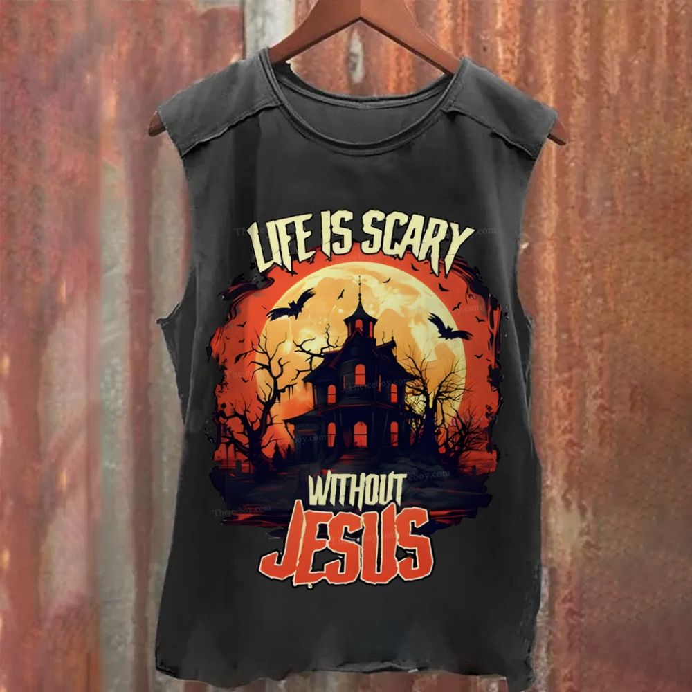 Life is Scary Without Jesus, Jesus Halloween Washed Tank Top