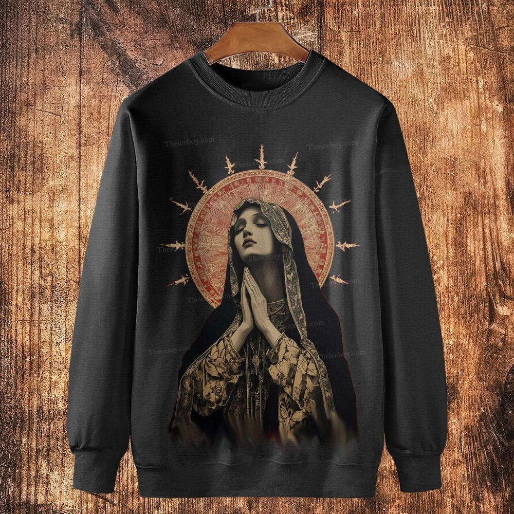 Stained Glass Madonna Cotton Crewneck Sweatshirt