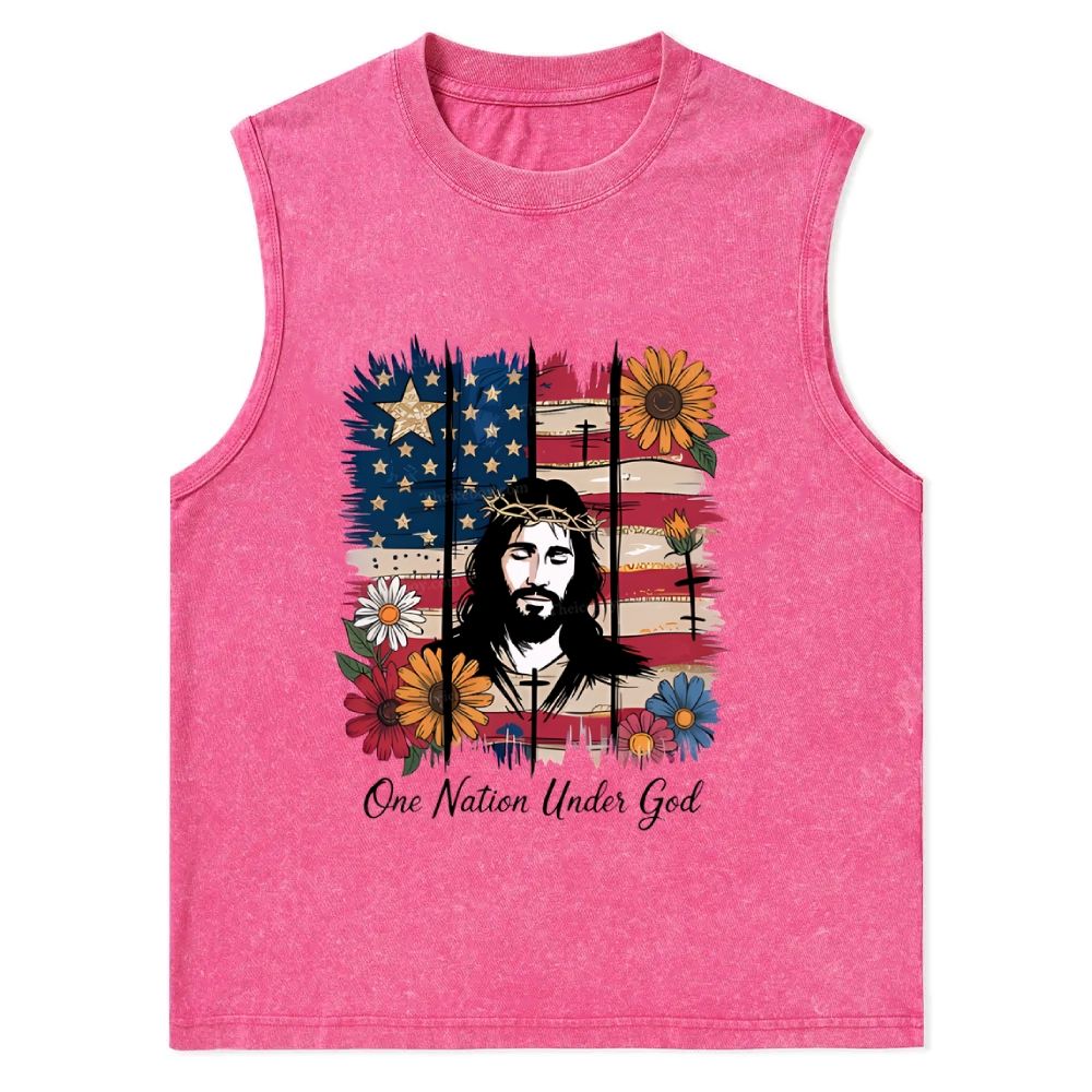One Nation Under God, Jesus Cross, American Patriotic Christian Snowflake Washed Vest
