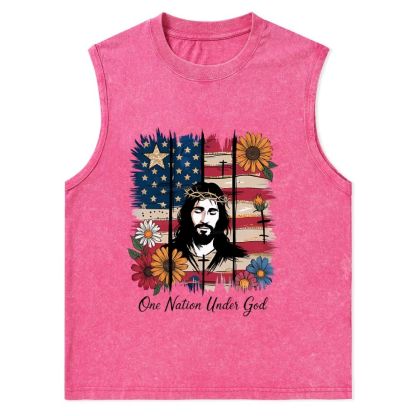 One Nation Under God, Jesus Cross, American Patriotic Christian Snowflake Washed Vest
