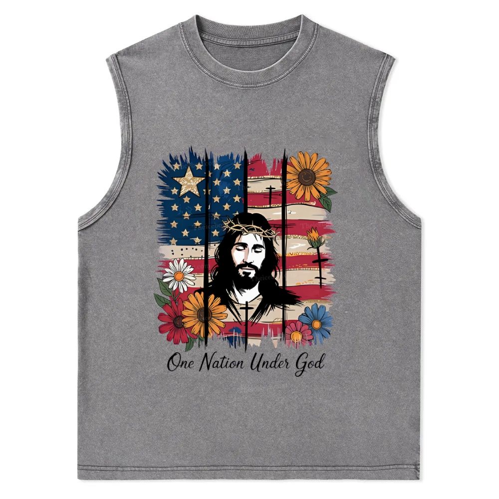One Nation Under God, Jesus Cross, American Patriotic Christian Snowflake Washed Vest
