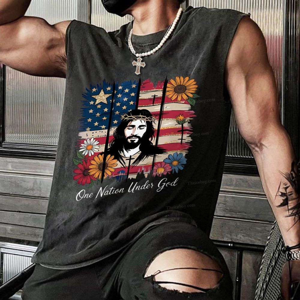 One Nation Under God, Jesus Cross, American Patriotic Christian Snowflake Washed Vest