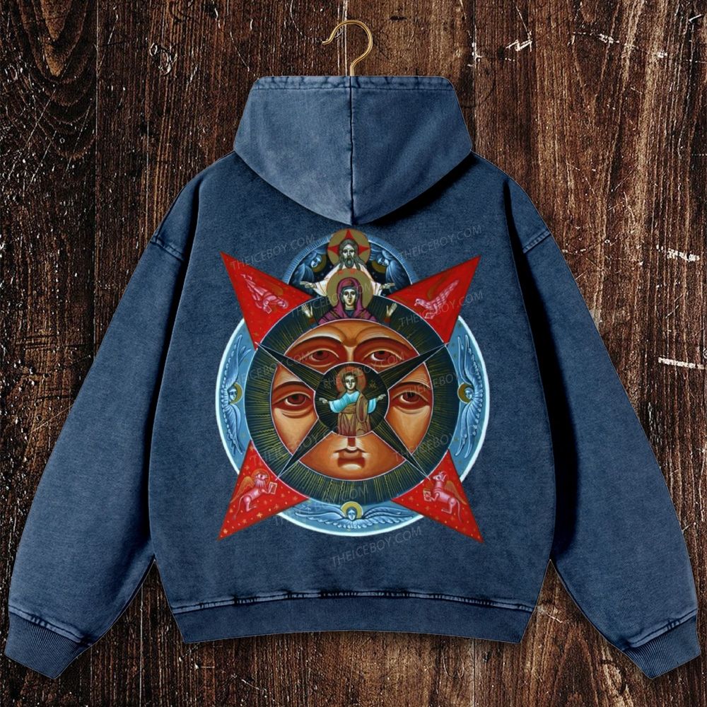 Images of the All-Seeing Eye of God, Mary and Jesus Christ Christian Washed Hoodie