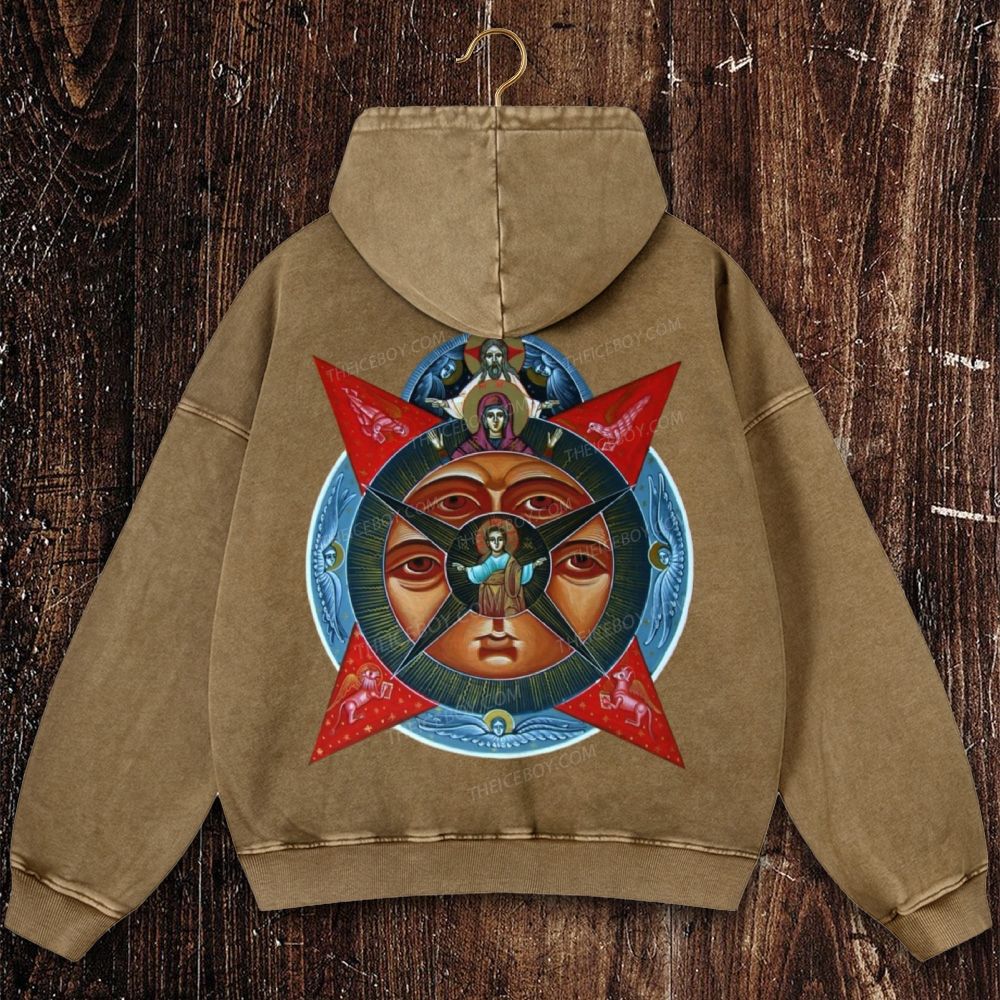 Images of the All-Seeing Eye of God, Mary and Jesus Christ Christian Washed Hoodie