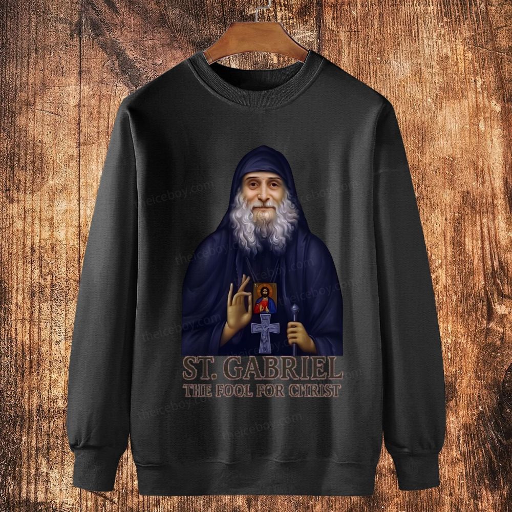 Orthodox Icon Saint Gabriel the Confessor and Fool for Christ Cotton Crewneck Sweatshirt