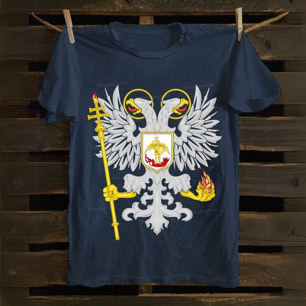 Orthodox Double-Headed Eagle Angel Defeating The Devil Cotton T-shirt
