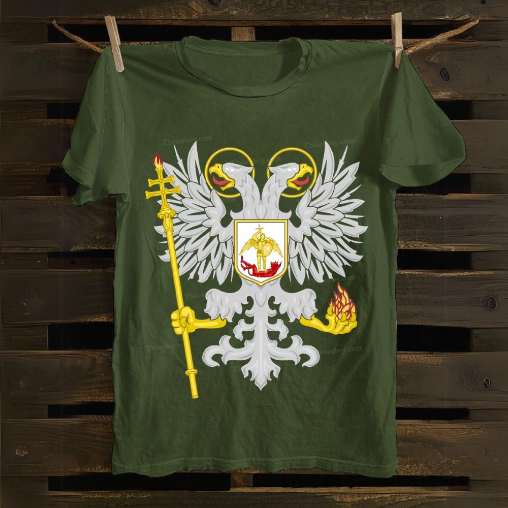 Orthodox Double-Headed Eagle Angel Defeating The Devil Cotton T-shirt