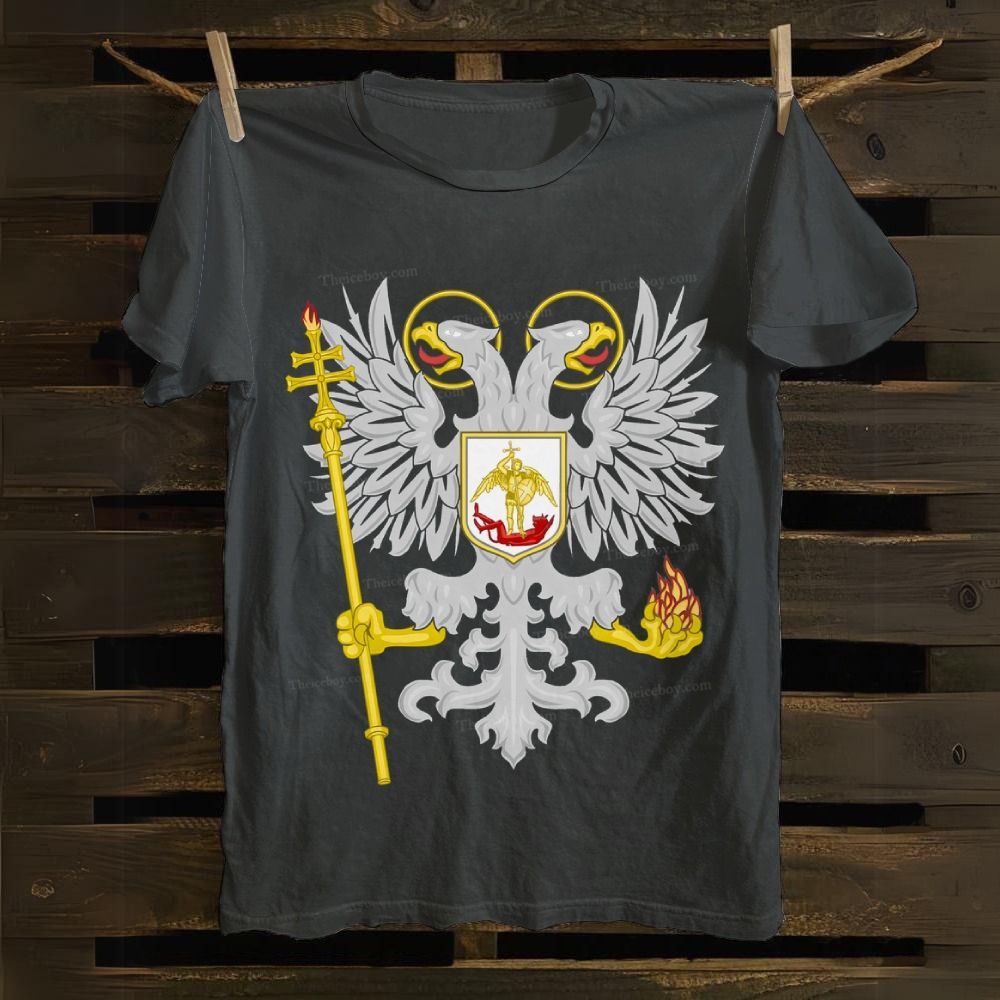 Orthodox Double-Headed Eagle Angel Defeating The Devil Cotton T-shirt