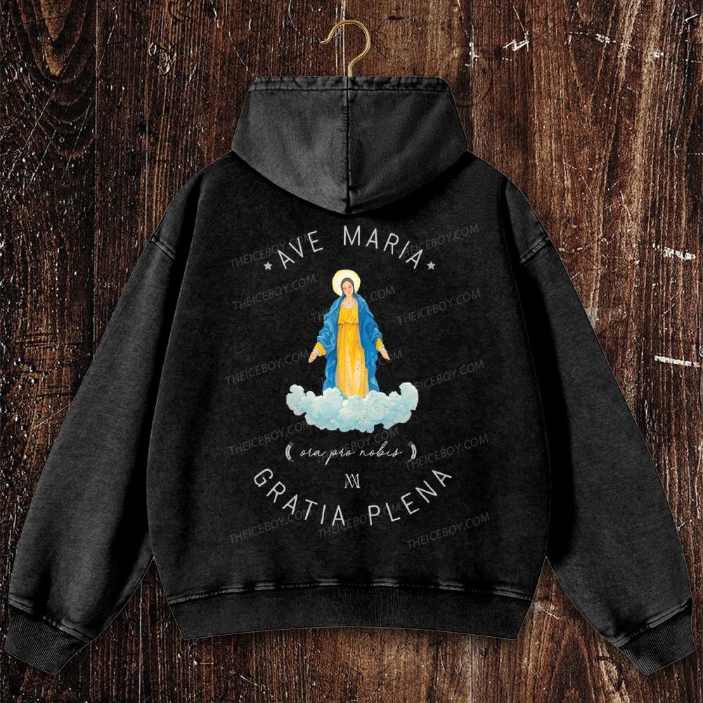 Catholic Watercolor Print of the Virgin Mary Christian Washed Hoodie