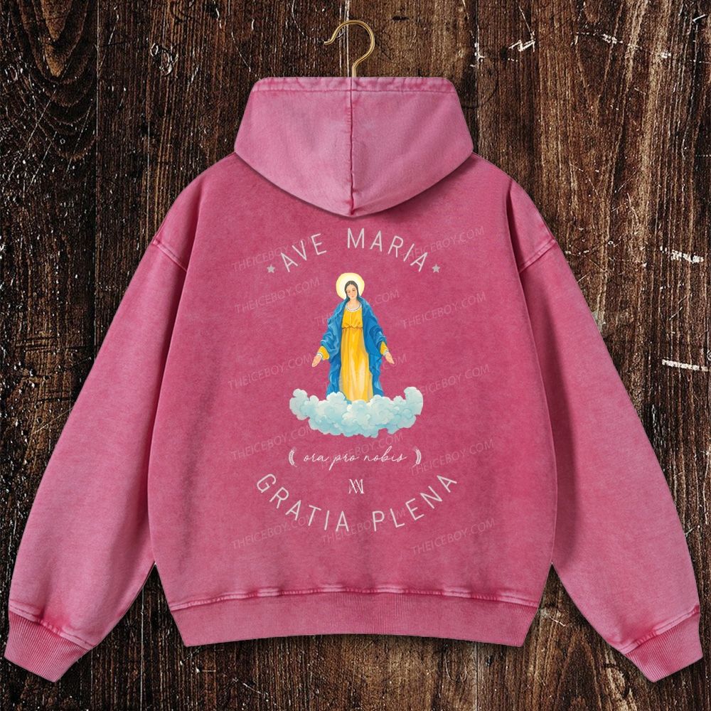 Catholic Watercolor Print of the Virgin Mary Christian Washed Hoodie