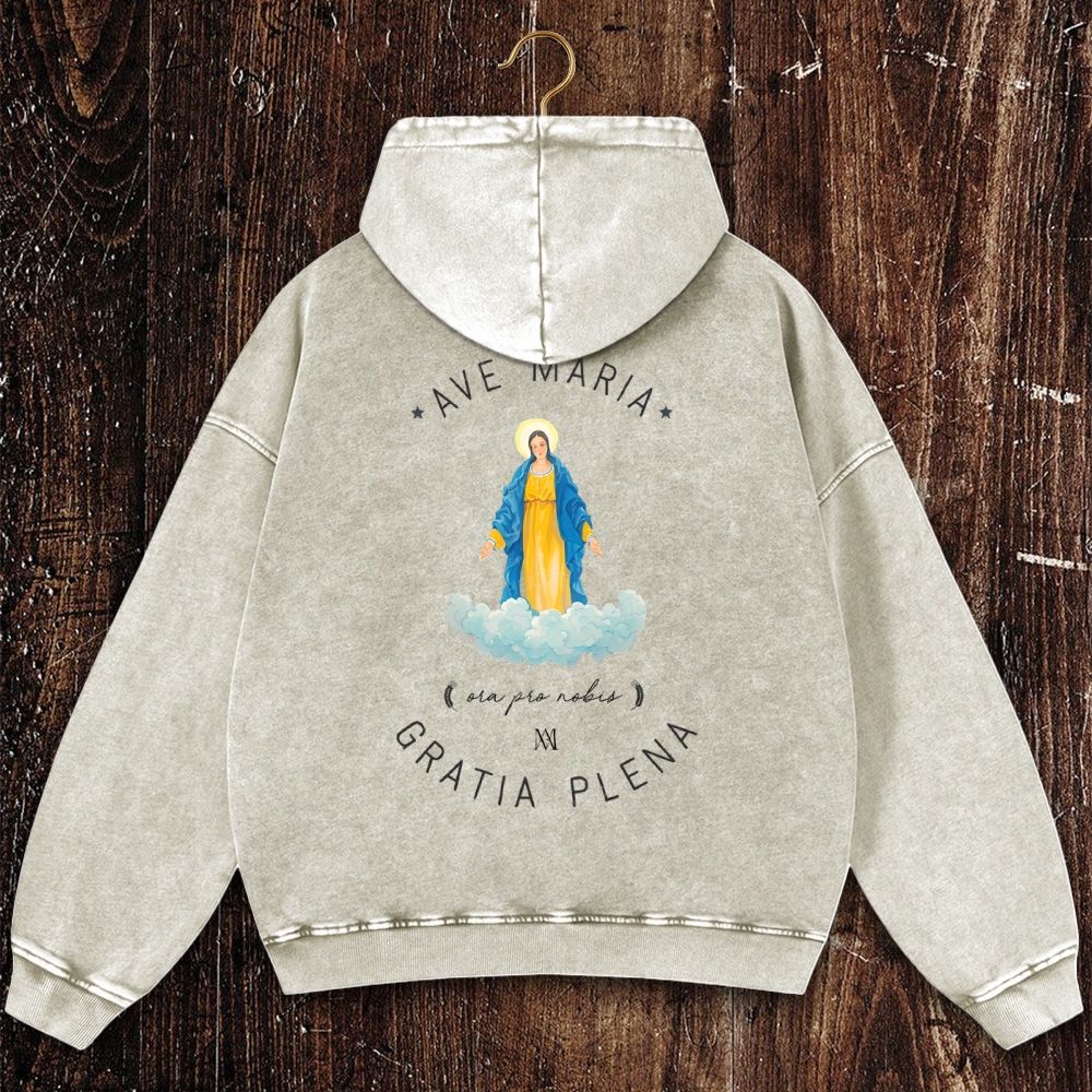 Catholic Watercolor Print of the Virgin Mary Christian Washed Hoodie