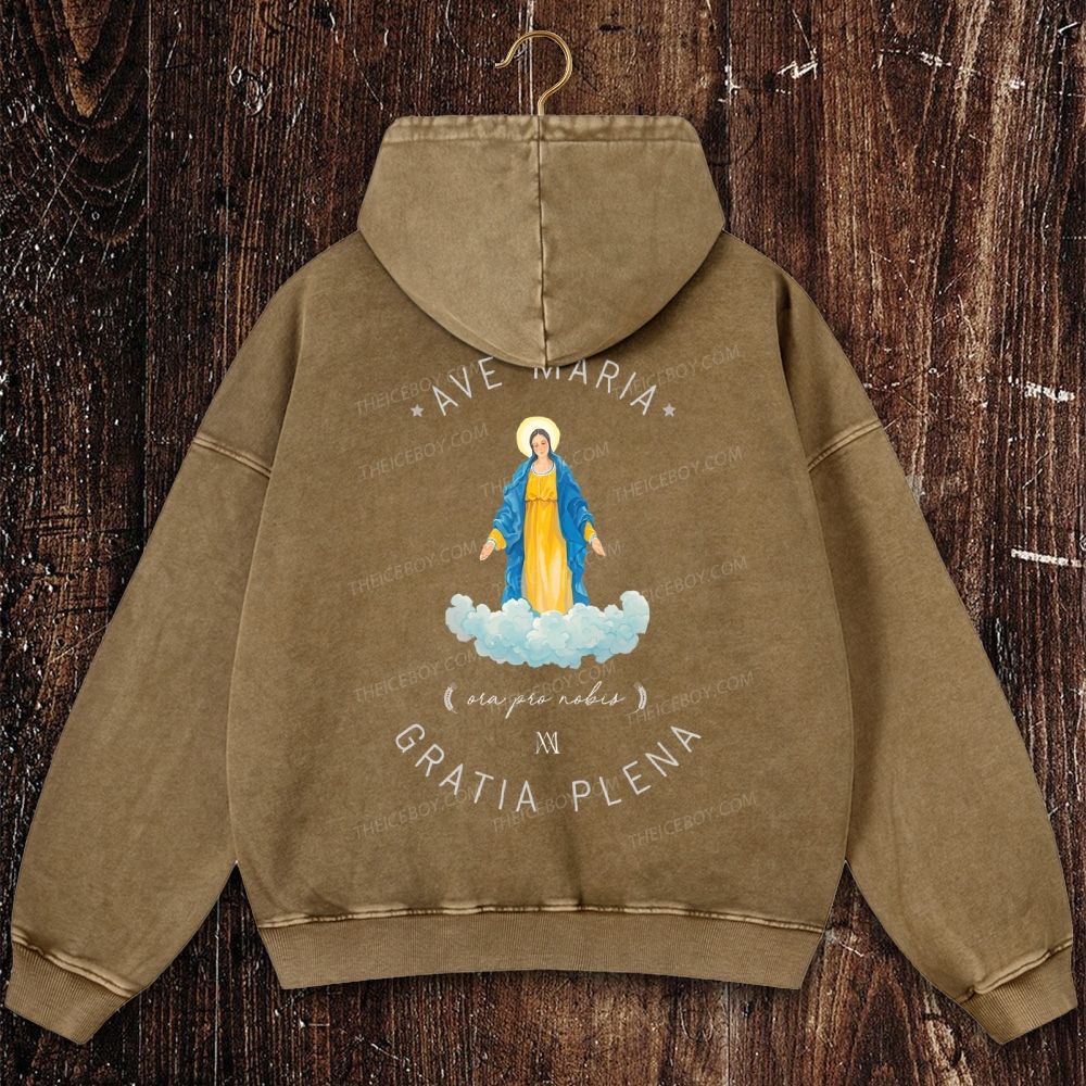 Catholic Watercolor Print of the Virgin Mary Christian Washed Hoodie