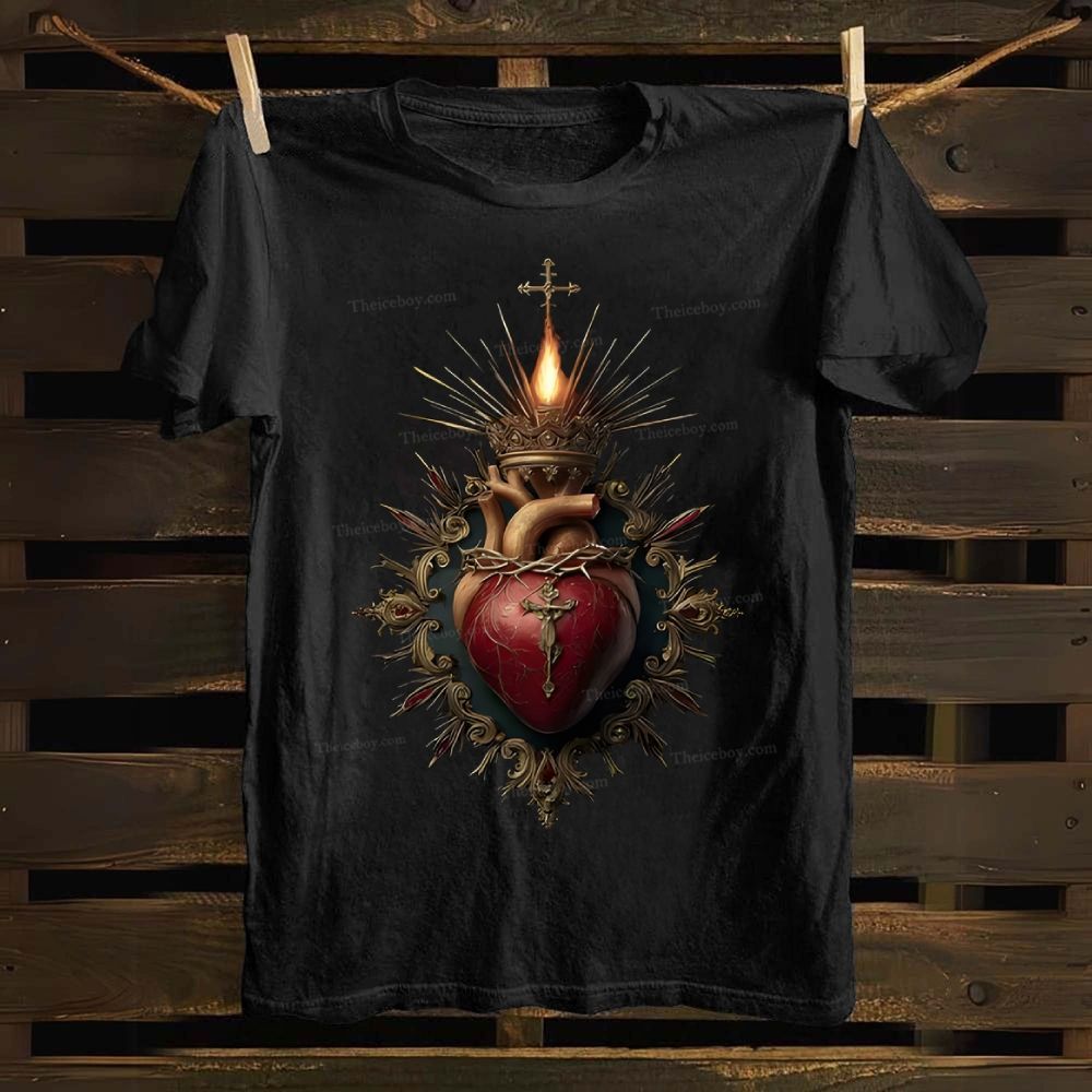 Religious Heart Flaming Heart Cotton T-shirt