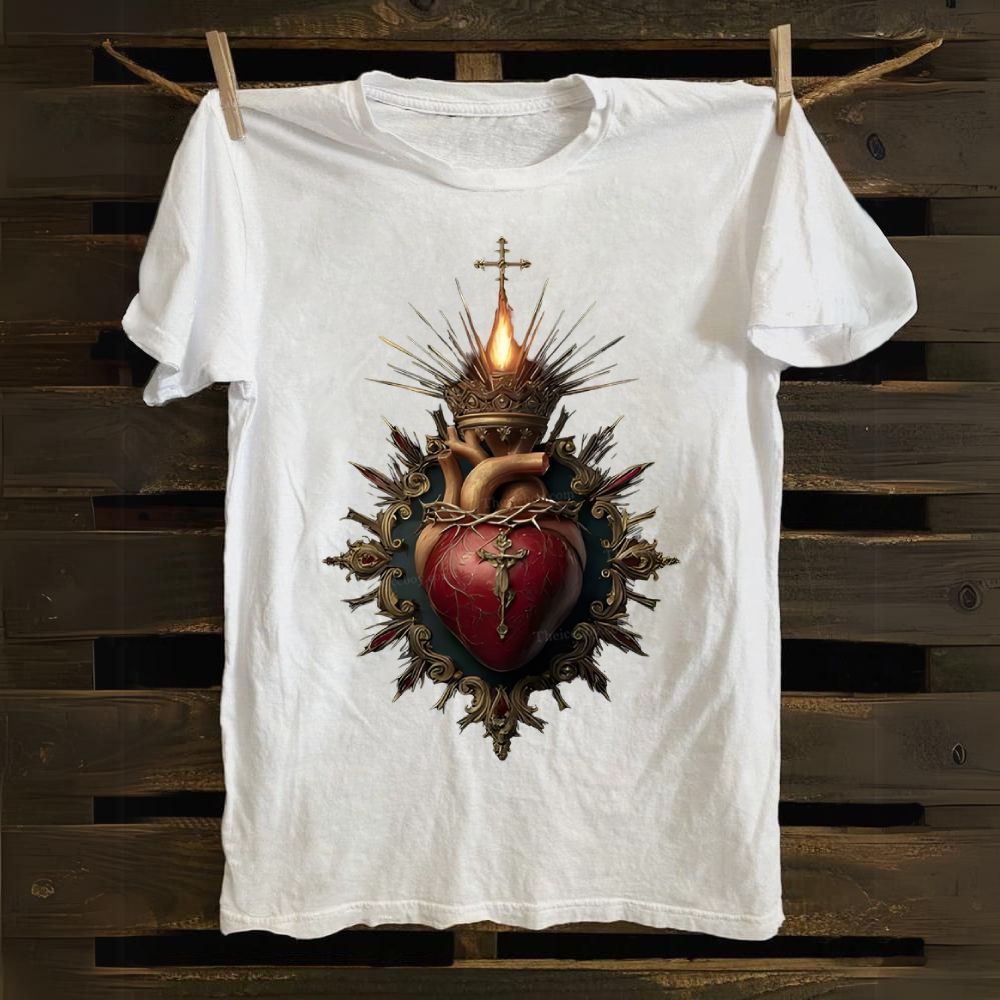 Religious Heart Flaming Heart Cotton T-shirt