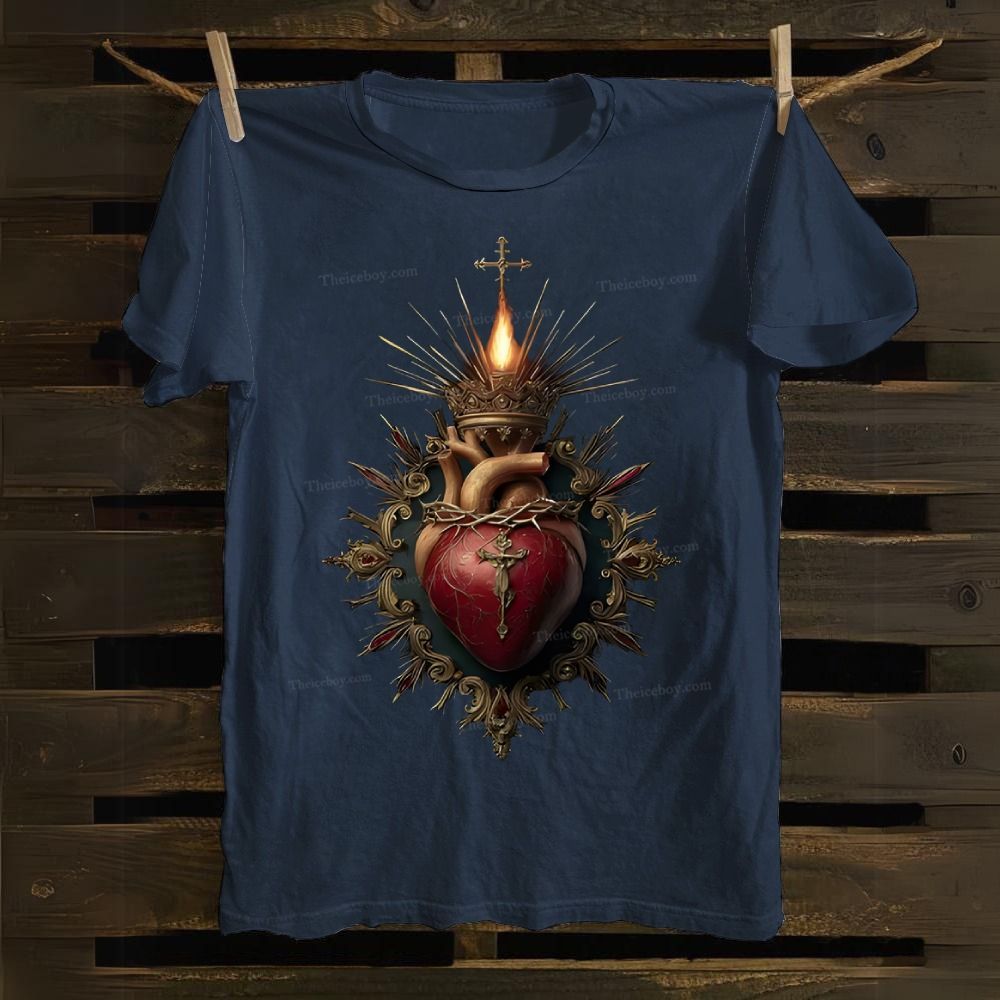 Religious Heart Flaming Heart Cotton T-shirt