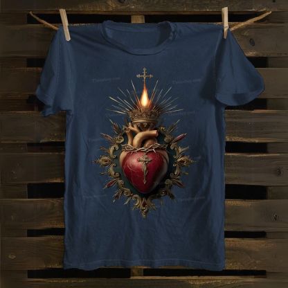 Religious Heart Flaming Heart Cotton T-shirt