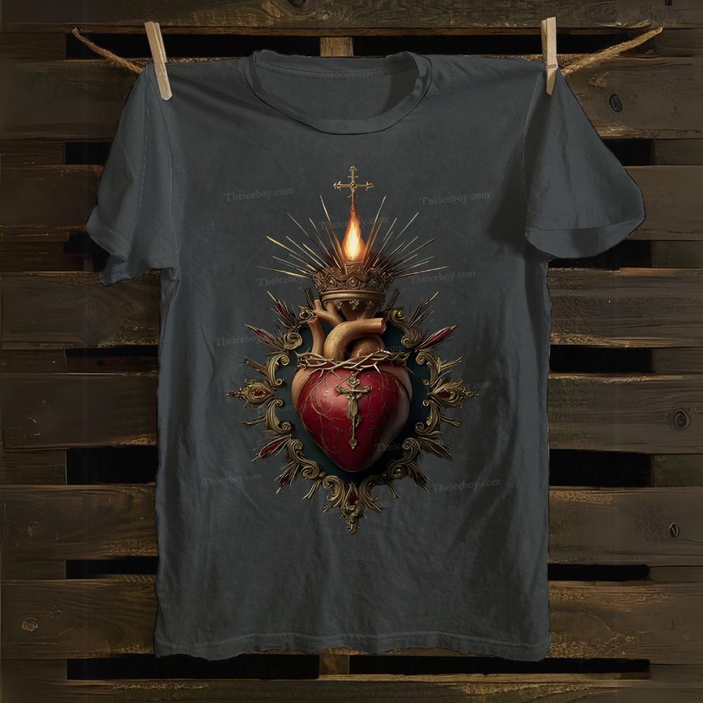 Religious Heart Flaming Heart Cotton T-shirt