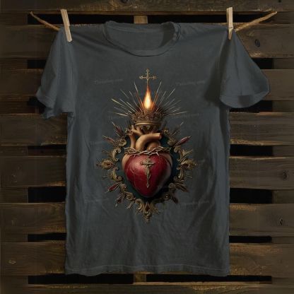 Religious Heart Flaming Heart Cotton T-shirt