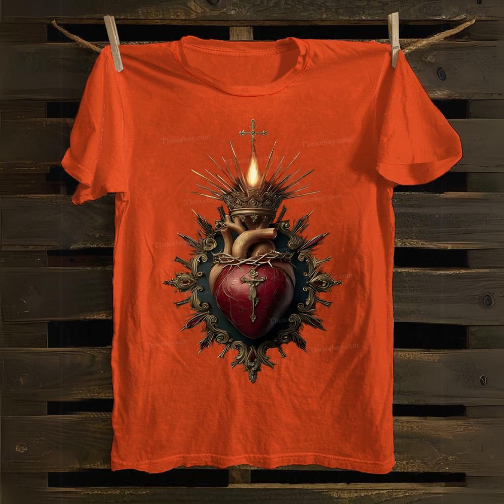 Religious Heart Flaming Heart Cotton T-shirt
