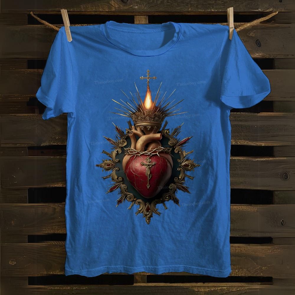 Religious Heart Flaming Heart Cotton T-shirt