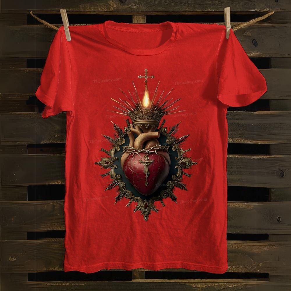 Religious Heart Flaming Heart Cotton T-shirt